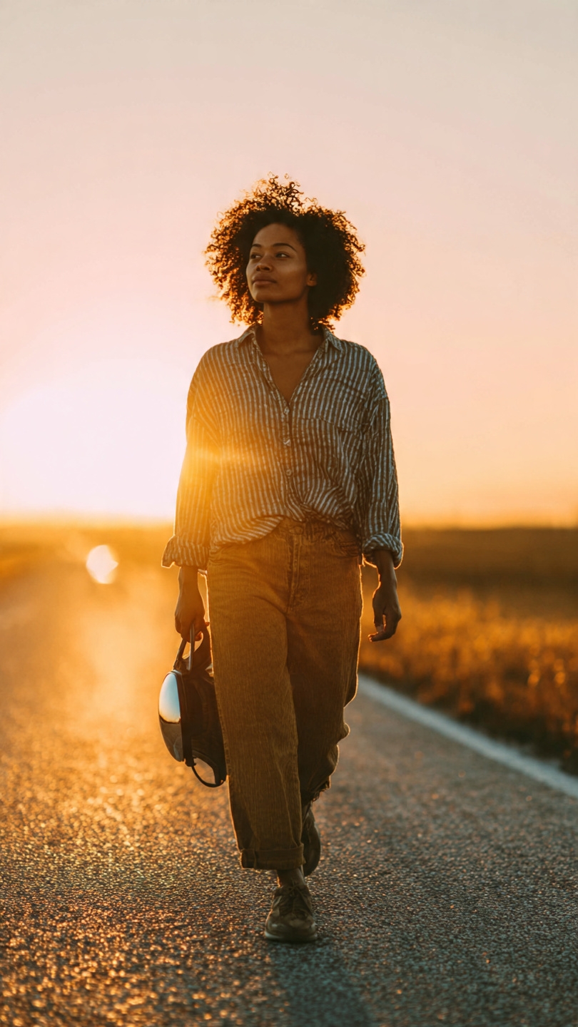 Woman walking toward sunrise on open road